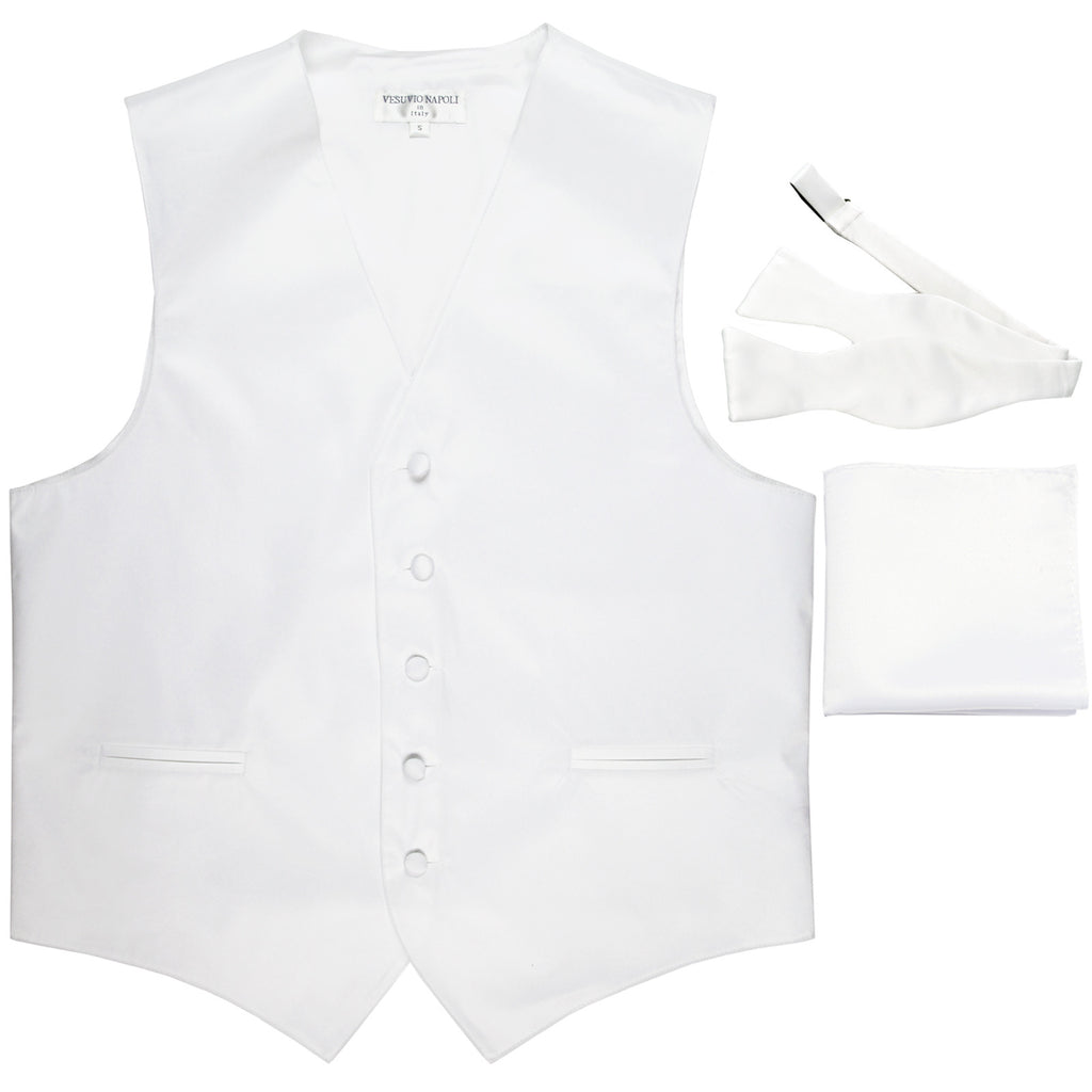 New Men's vest Tuxedo Waistcoat self tie bow tie and hankie set white