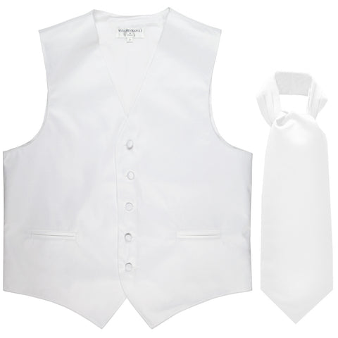 New Men's Formal Tuxedo Vest Waistcoat solid & Ascot cravat Prom white