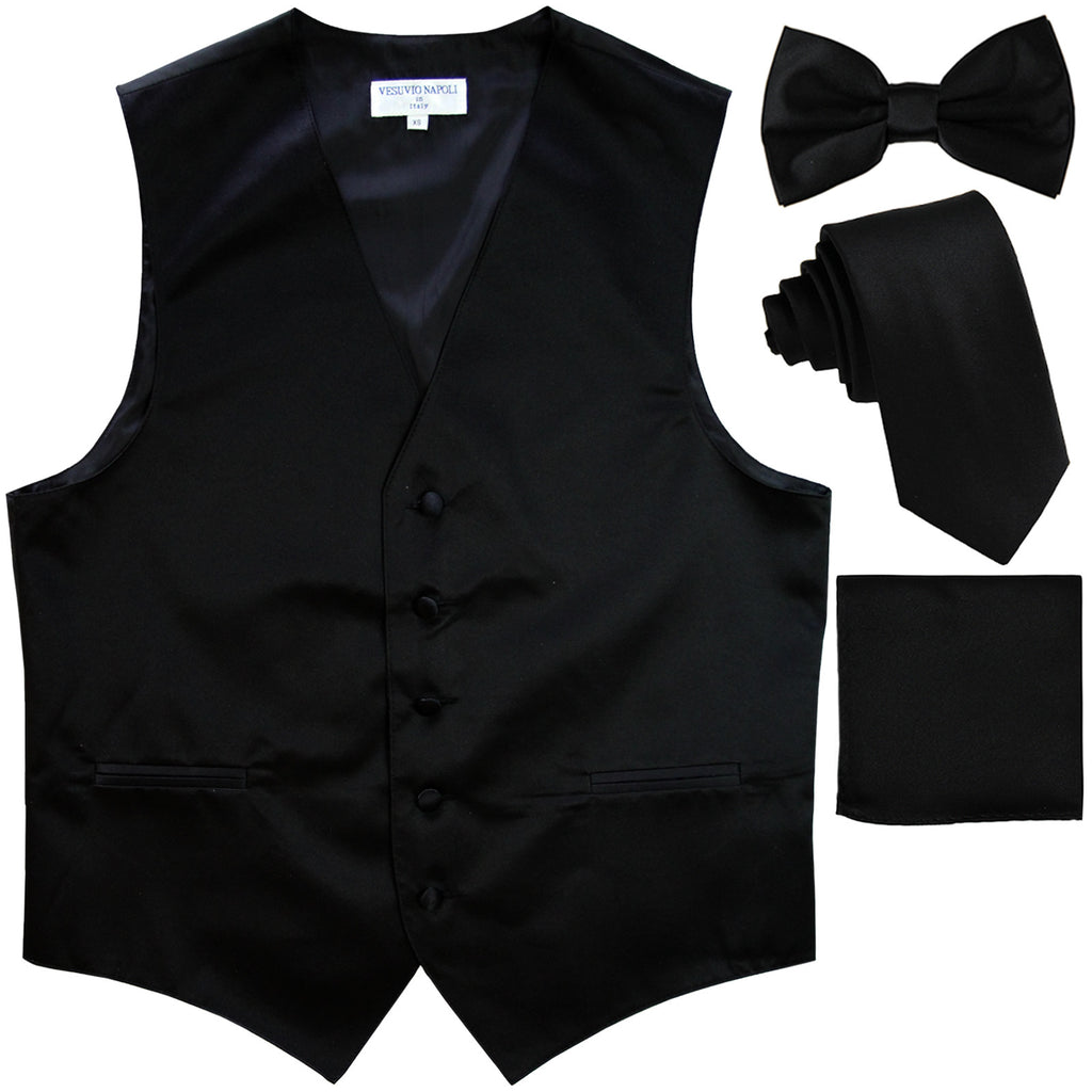 New Men's solid Tuxedo Vest Waistcoat & necktie & Bow tie & Hankie prom black