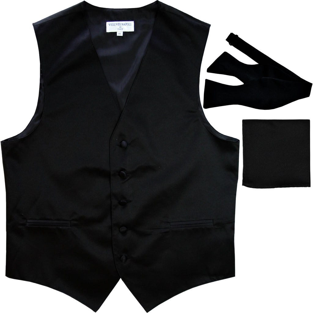 New Men's vest Tuxedo Waistcoat self tie bow tie and hankie set black