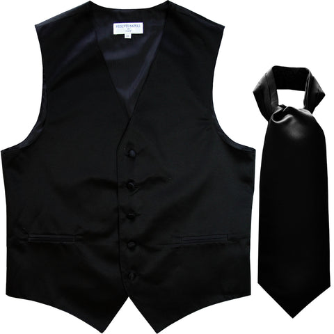 New Men's Formal Tuxedo Vest Waistcoat solid & Ascot cravat Prom black