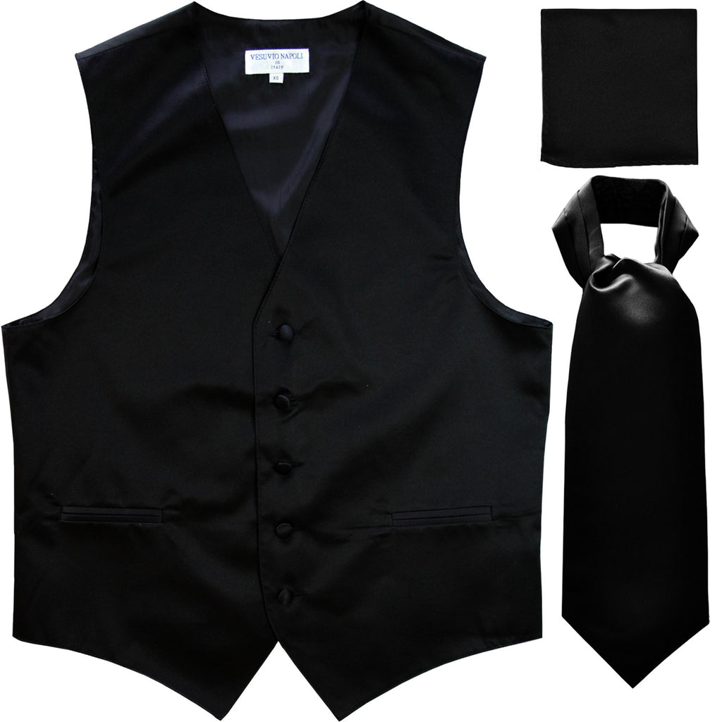 New Men's formal vest Tuxedo Waistcoat ascot hankie set wedding prom black