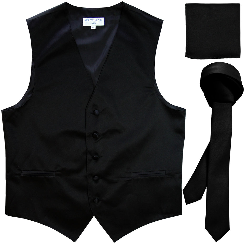 New Men's formal vest Tuxedo Waistcoat_1.5" necktie & hankie set wedding black