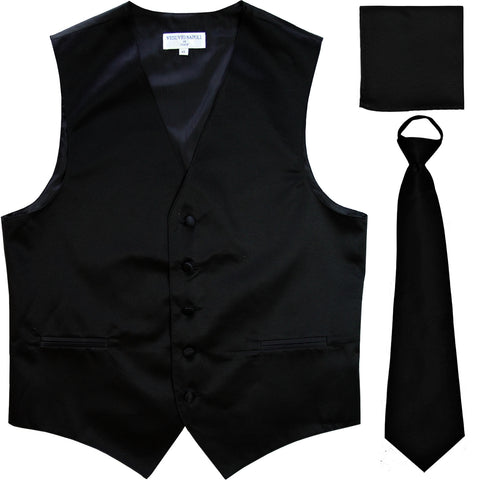 New Men's formal vest Tuxedo Waistcoat pre-tied neck tie and hankie black