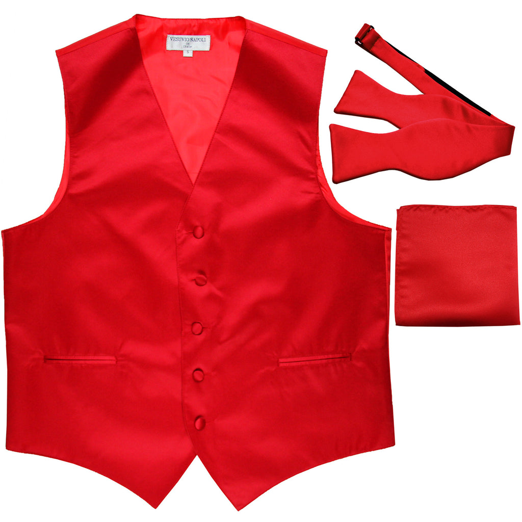 New Men's vest Tuxedo Waistcoat self tie bow tie and hankie set red