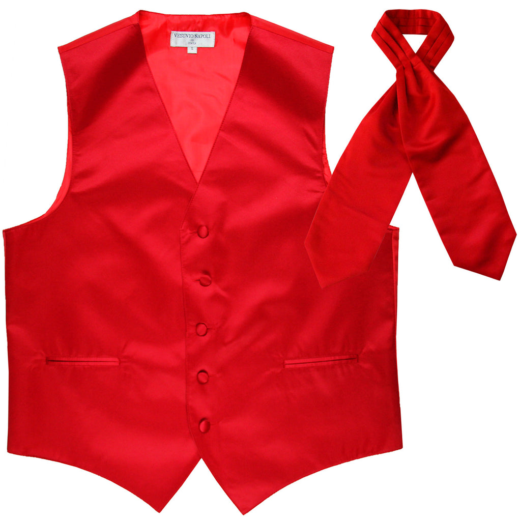 New Men's Formal Tuxedo Vest Waistcoat solid & Ascot cravat Prom red
