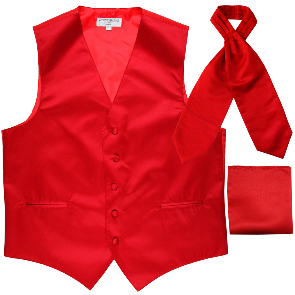New Men's formal vest Tuxedo Waistcoat ascot hankie set wedding prom red