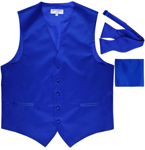 New Men's vest Tuxedo Waistcoat self tie bow tie and hankie set royal blue