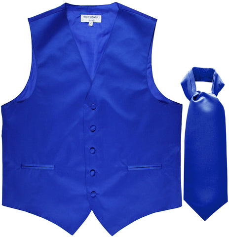 New Men's Formal Tuxedo Vest Waistcoat solid & Ascot cravat Prom royal blue