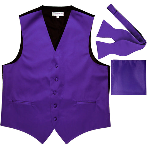 New Men's vest Tuxedo Waistcoat self tie bow tie and hankie set purple