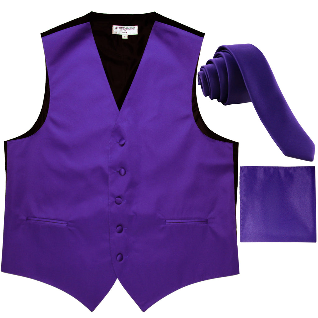 New Men's formal vest Tuxedo Waistcoat_1.5" necktie & hankie set wedding purple