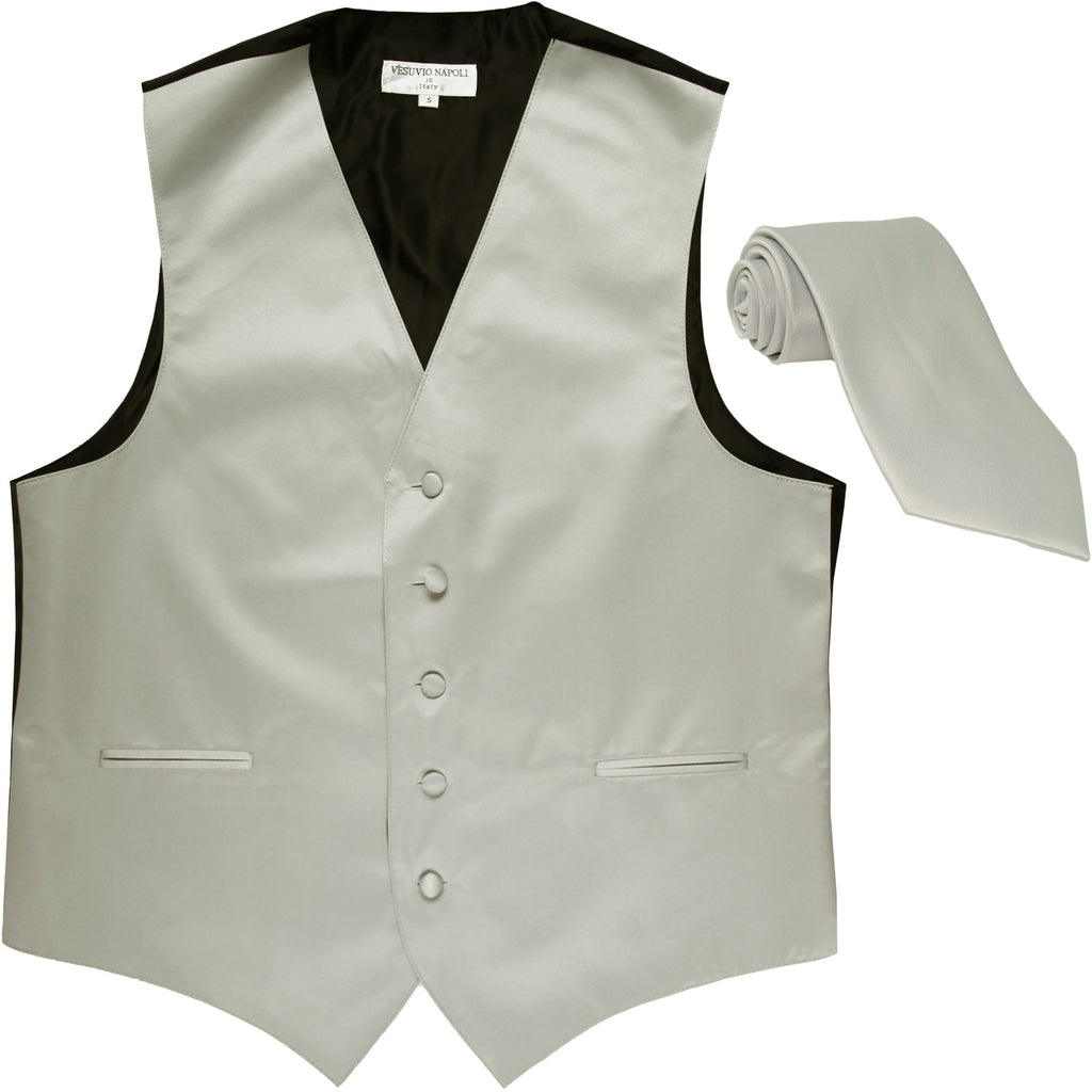 New Men's Formal Tuxedo Vest Waistcoat_Necktie solid wedding prom silver