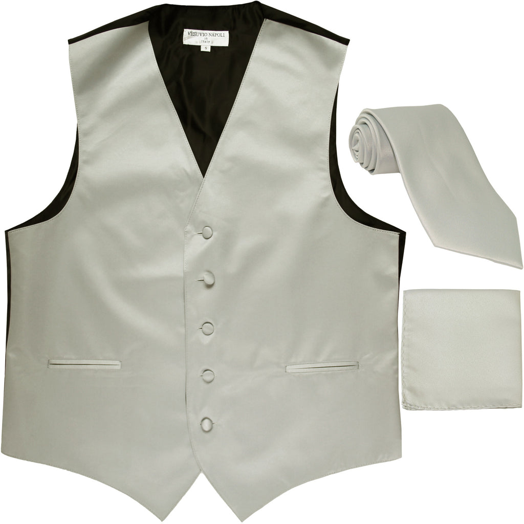 New Men's formal vest Tuxedo Waistcoat_necktie & hankie set wedding silver