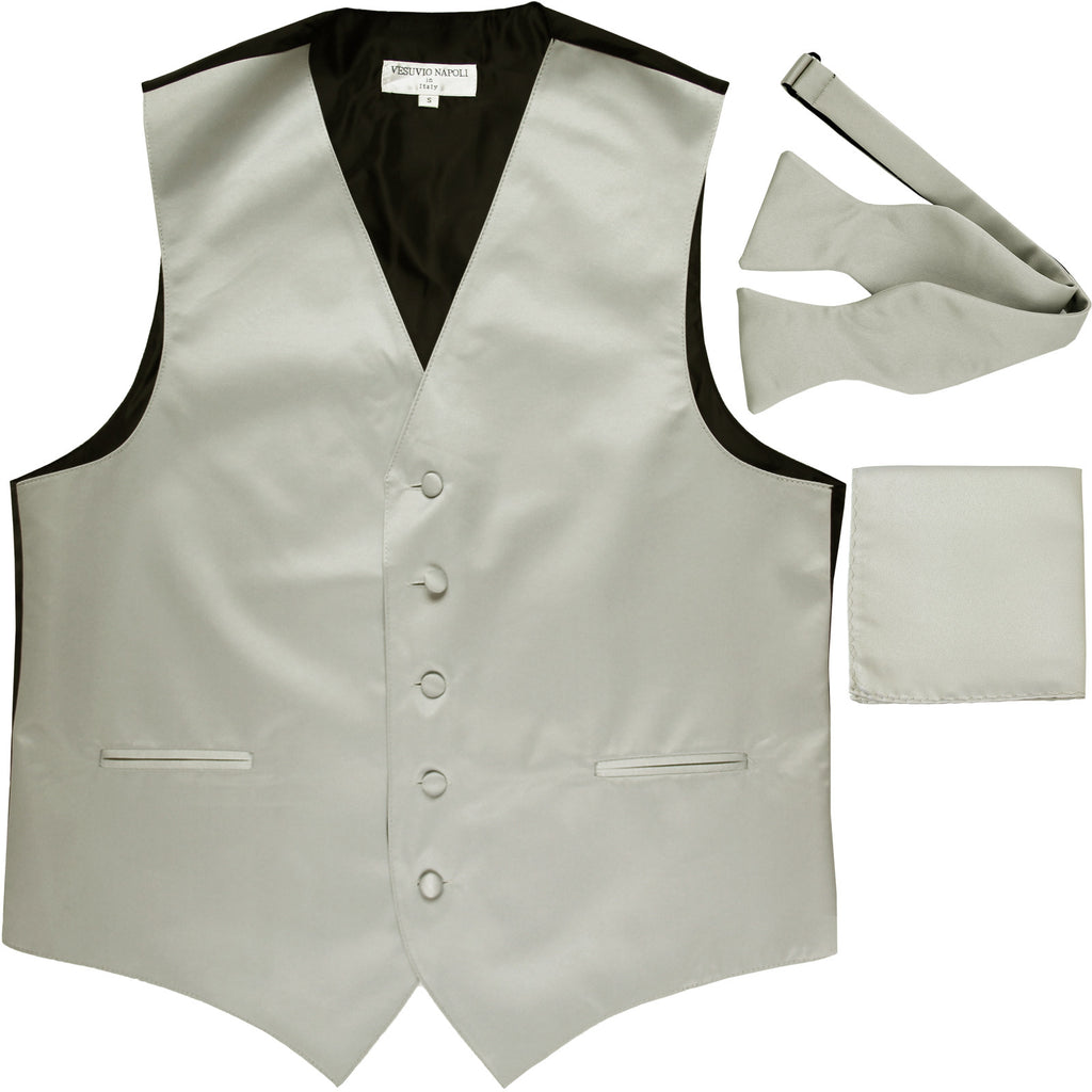 New Men's vest Tuxedo Waistcoat self tie bow tie and hankie set silver