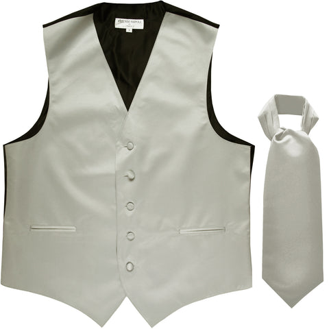 New Men's Formal Tuxedo Vest Waistcoat solid & Ascot cravat Prom silver