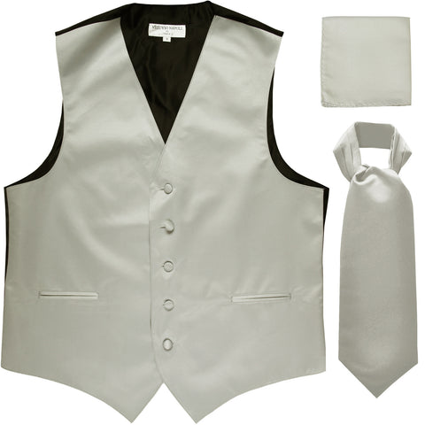 New Men's formal vest Tuxedo Waistcoat ascot hankie set wedding prom silver
