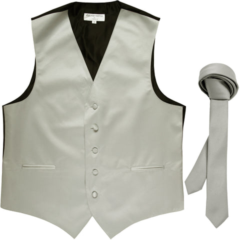 New Men's Formal Tuxedo Vest Waistcoat_1.5" skinny Necktie wedding prom silver