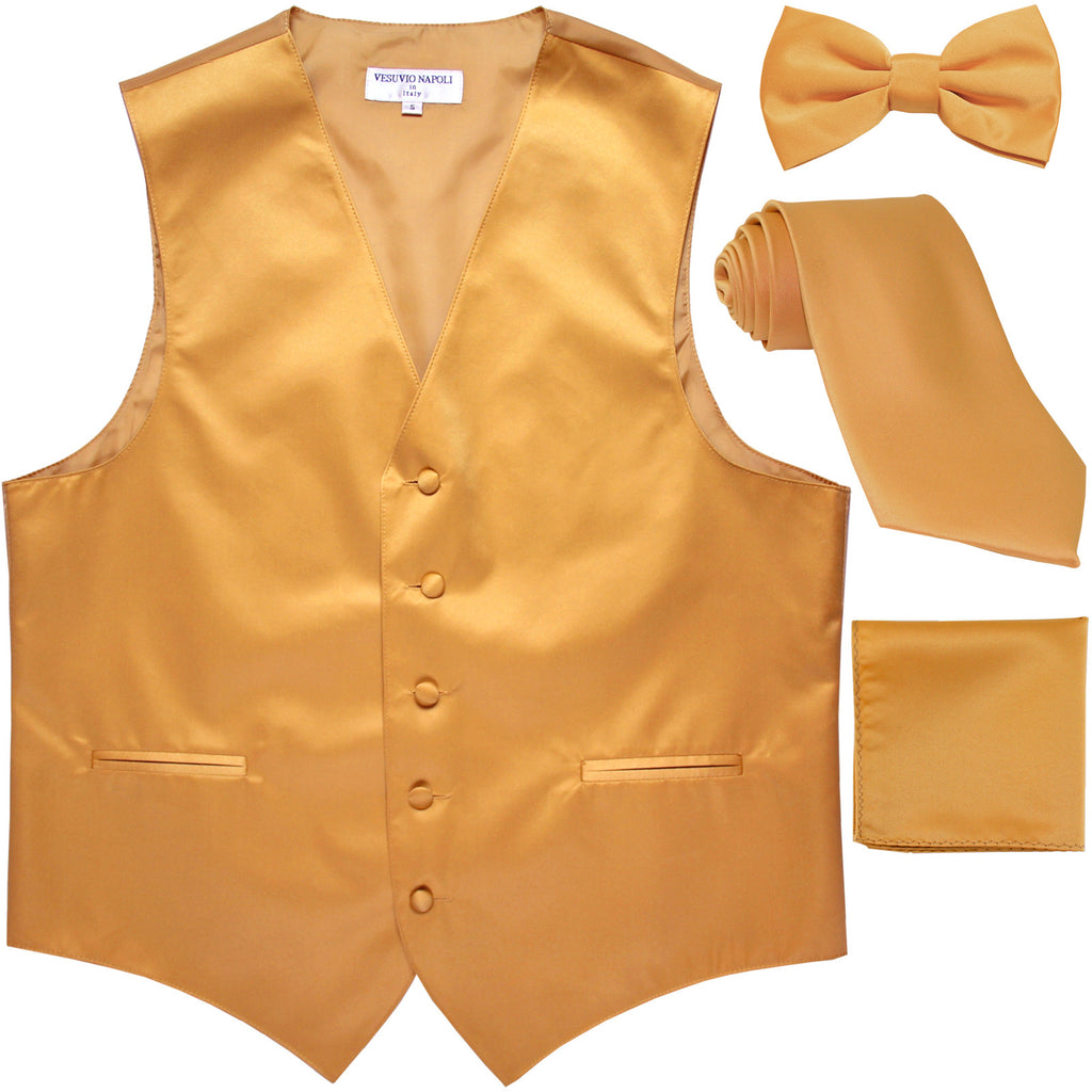 New Men's solid Tuxedo Vest Waistcoat & necktie & Bow tie & Hankie prom gold