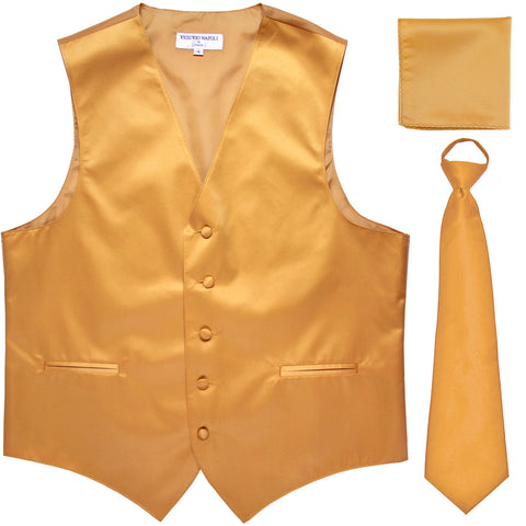 New Men's formal vest Tuxedo Waistcoat pre-tied neck tie and hankie gold