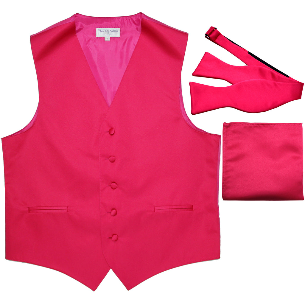 New Men's vest Tuxedo Waistcoat self tie bow tie and hankie set hot pink