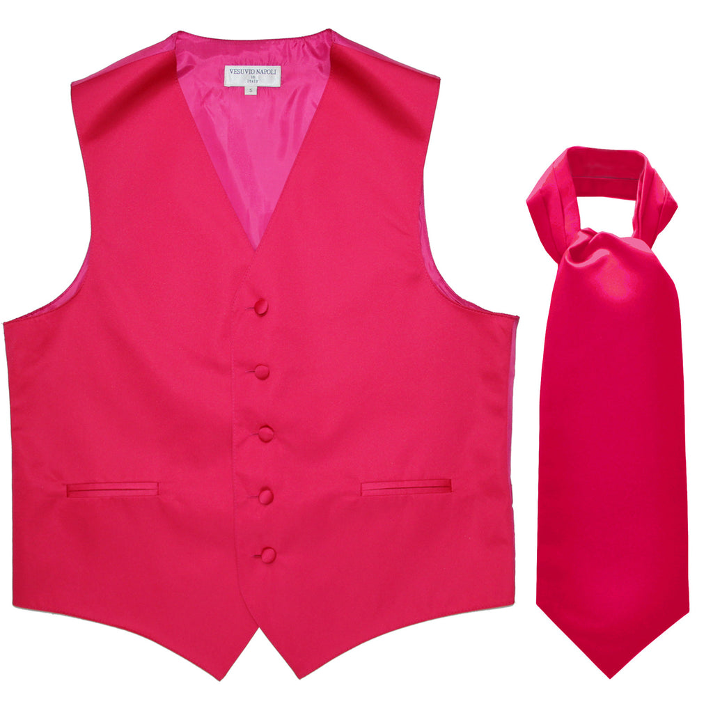 New Men's Formal Tuxedo Vest Waistcoat solid & Ascot cravat Prom hot pink
