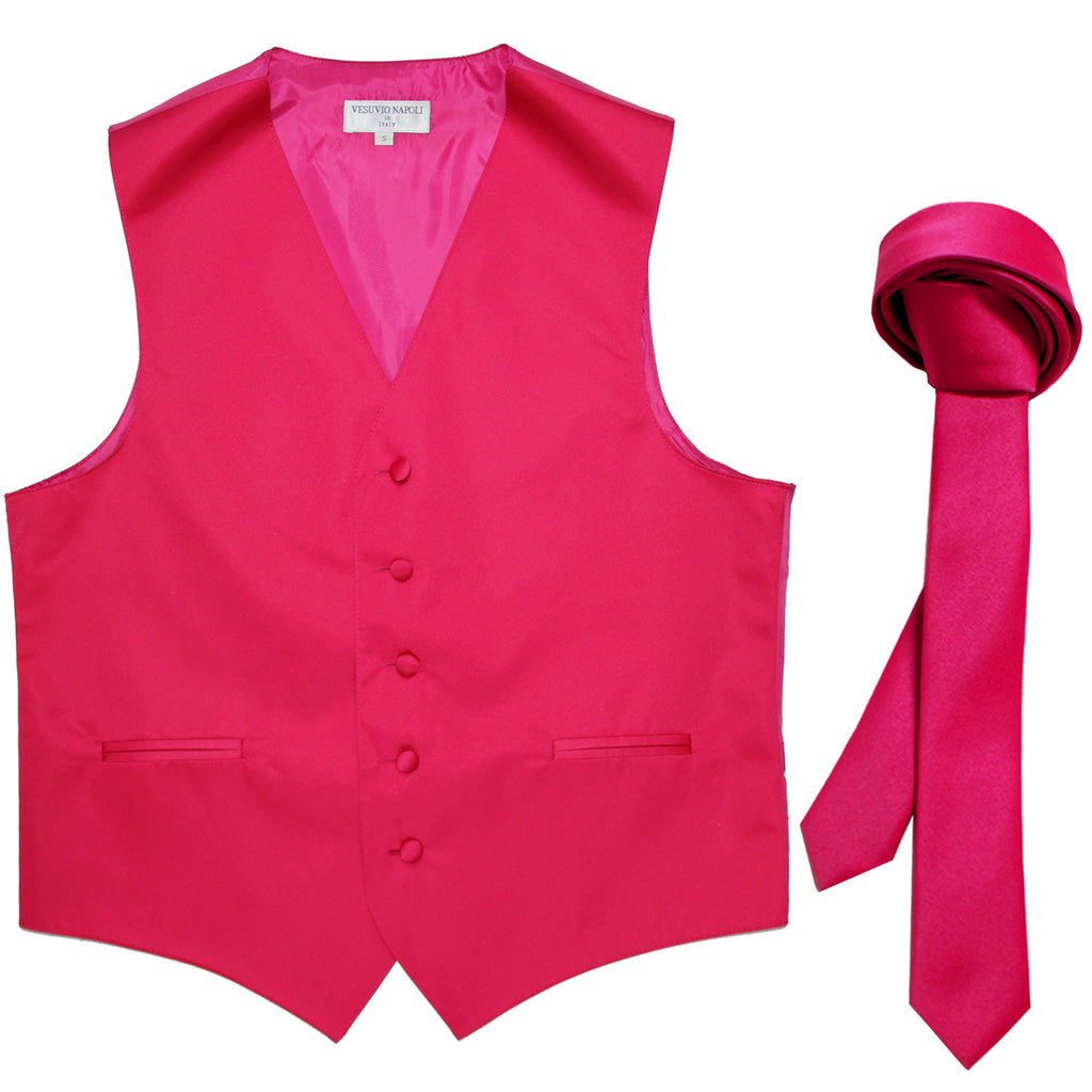 New Men's Formal Tuxedo Vest Waistcoat_1.5" skinny Necktie wedding prom hot pink