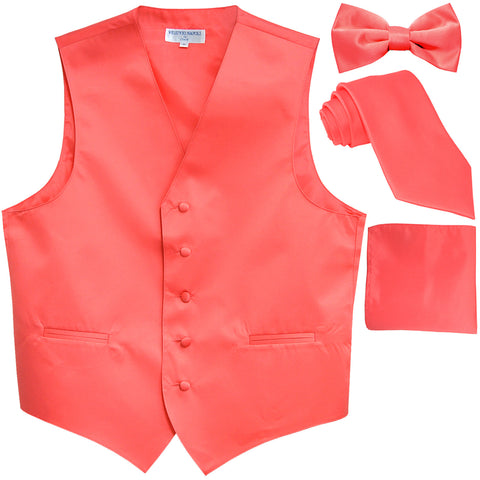 New Men's solid Tuxedo Vest Waistcoat & necktie & Bow tie & Hankie prom coral