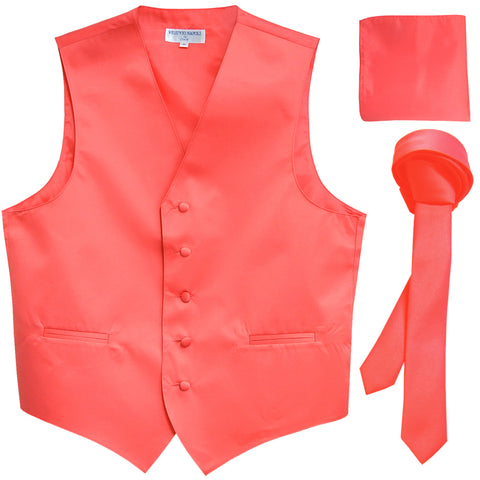 New Men's formal vest Tuxedo Waistcoat_1.5" necktie & hankie set wedding coral