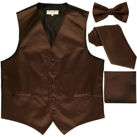 New Men's solid Tuxedo Vest Waistcoat & necktie & Bow tie & Hankie prom brown