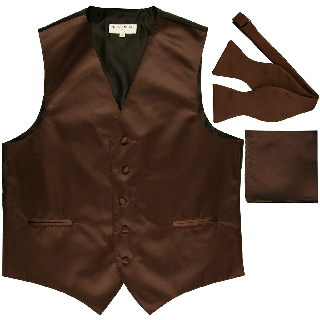 New Men's vest Tuxedo Waistcoat self tie bow tie and hankie set brown