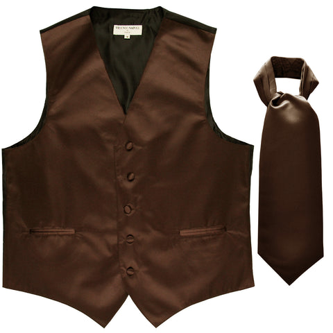 New Men's Formal Tuxedo Vest Waistcoat solid & Ascot cravat Prom brown