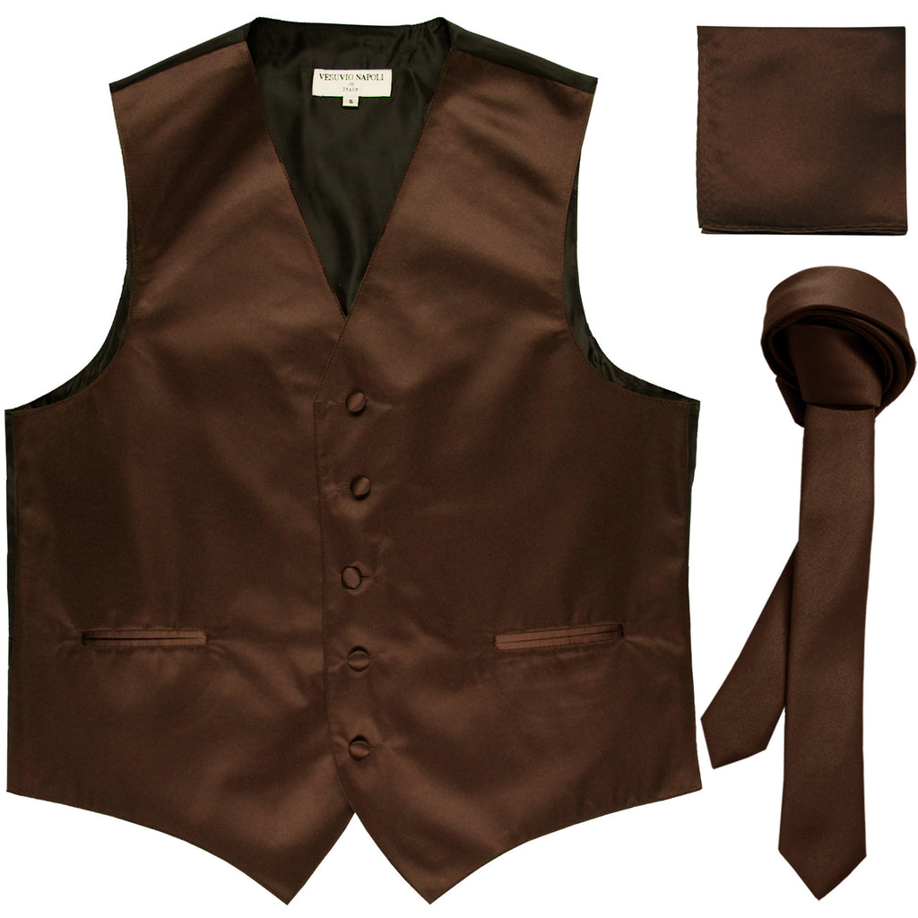 New Men's formal vest Tuxedo Waistcoat_1.5" necktie & hankie set wedding brown