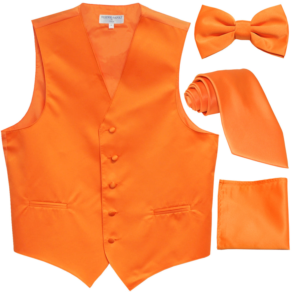 New Men's solid Tuxedo Vest Waistcoat & necktie & Bow tie & Hankie prom orange