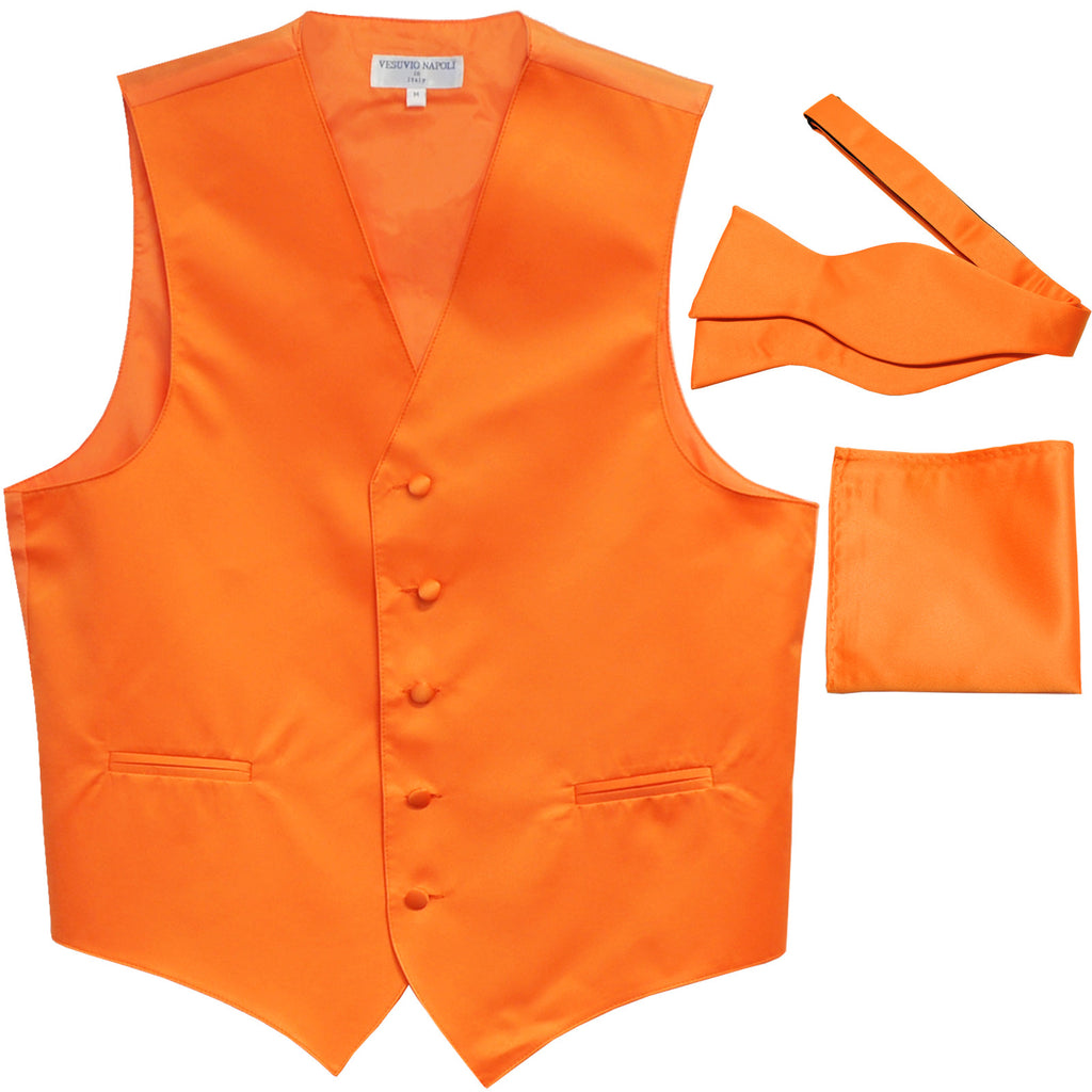 New Men's vest Tuxedo Waistcoat self tie bow tie and hankie set orange