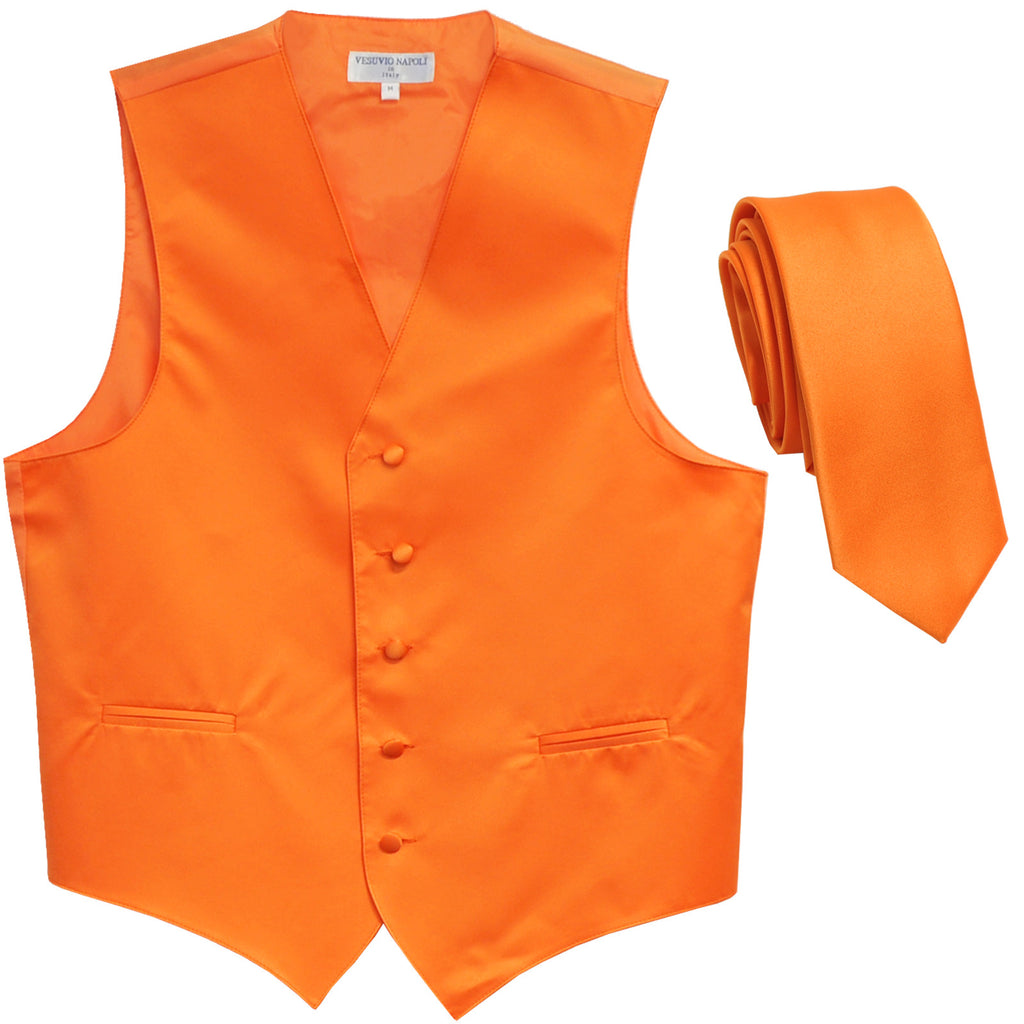 New Men's Formal Tuxedo Vest Waistcoat_2.5" skinny Necktie solid wedding orange