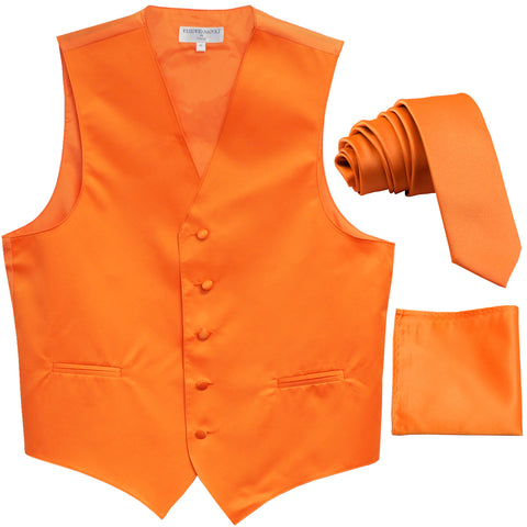 New Men's formal vest Tuxedo Waistcoat_1.5" necktie & hankie set wedding orange