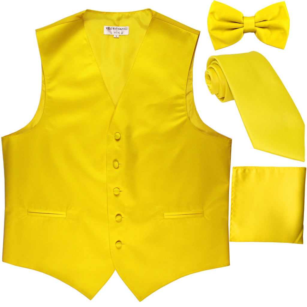 New Men's solid Tuxedo Vest Waistcoat & necktie & Bow tie & Hankie prom yellow
