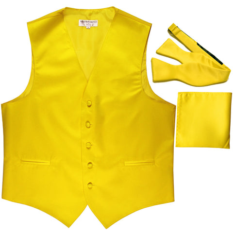 New Men's vest Tuxedo Waistcoat self tie bow tie and hankie set yellow