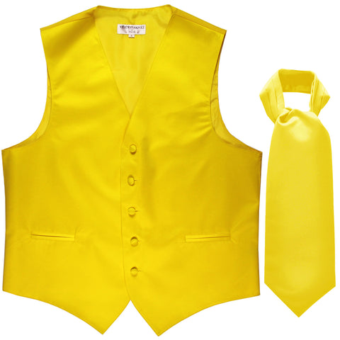 New Men's Formal Tuxedo Vest Waistcoat solid & Ascot cravat Prom yellow