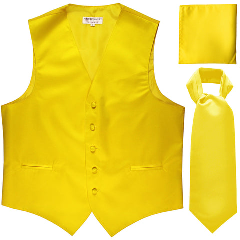 New Men's formal vest Tuxedo Waistcoat ascot hankie set wedding prom yellow