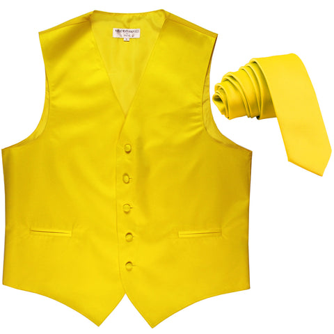 New Men's Formal Tuxedo Vest Waistcoat_2.5" skinny Necktie solid wedding yellow