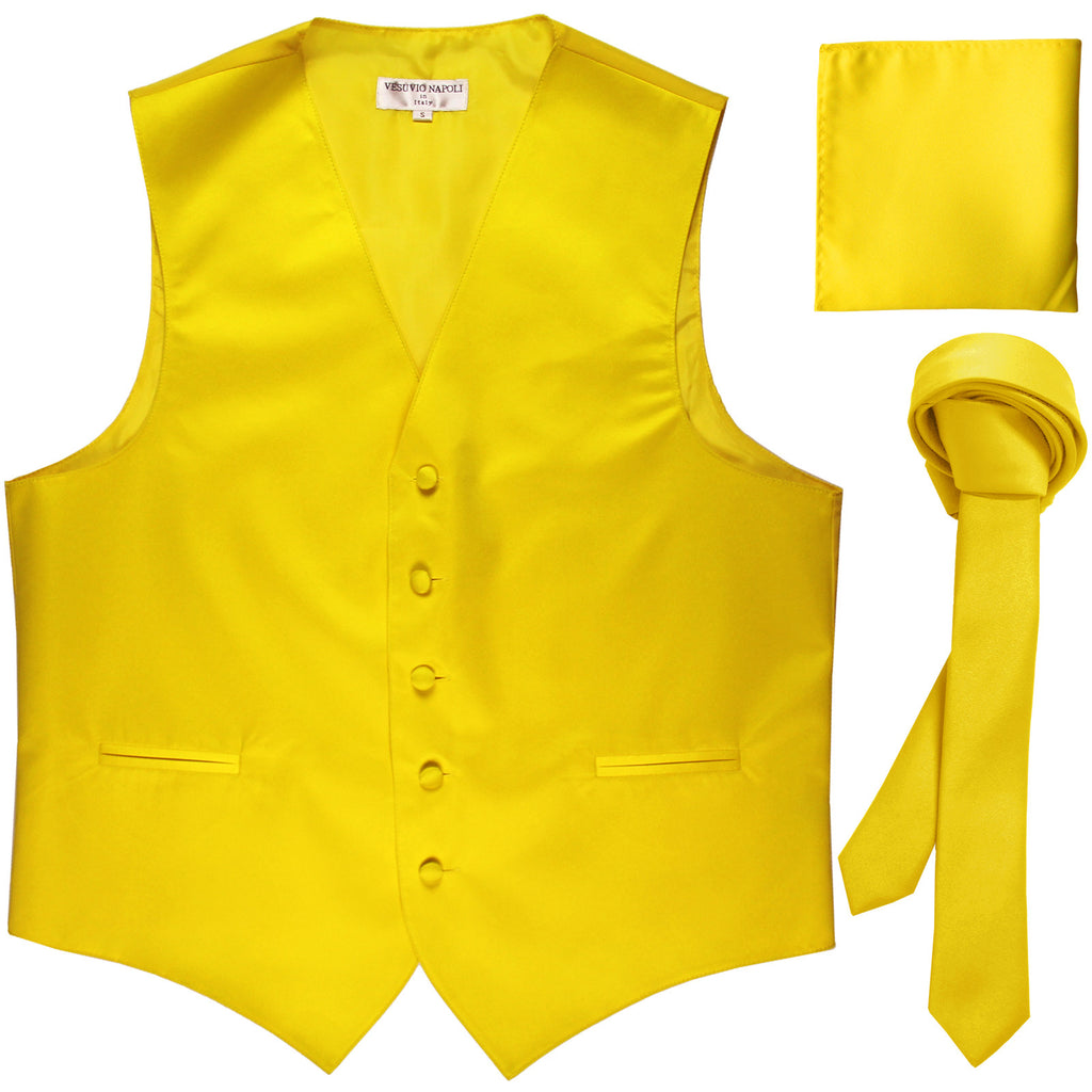 New Men's formal vest Tuxedo Waistcoat_1.5" necktie & hankie set wedding yellow