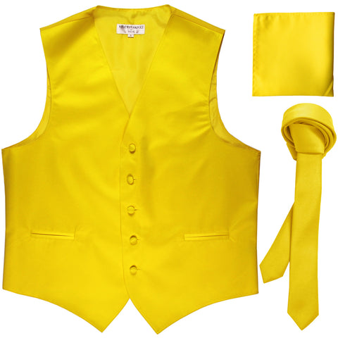 New Men's formal vest Tuxedo Waistcoat_1.5" necktie & hankie set wedding yellow