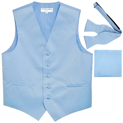 New Men's vest Tuxedo Waistcoat self tie bow tie and hankie set light blue