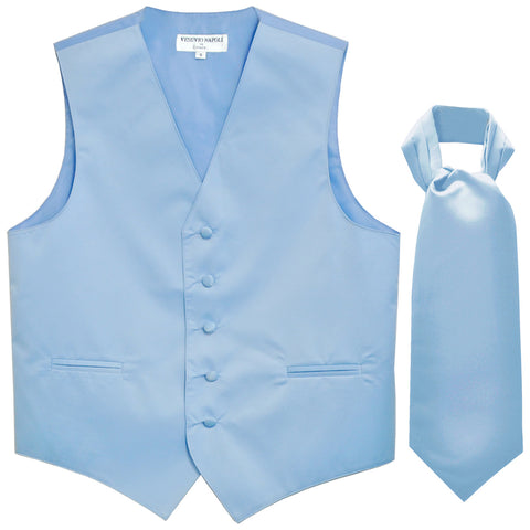 New Men's Formal Tuxedo Vest Waistcoat solid & Ascot cravat Prom light blue