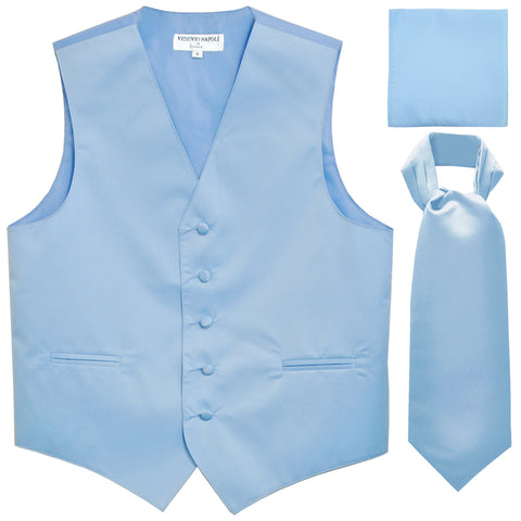 New Men's formal vest Tuxedo Waistcoat ascot hankie set wedding prom light blue
