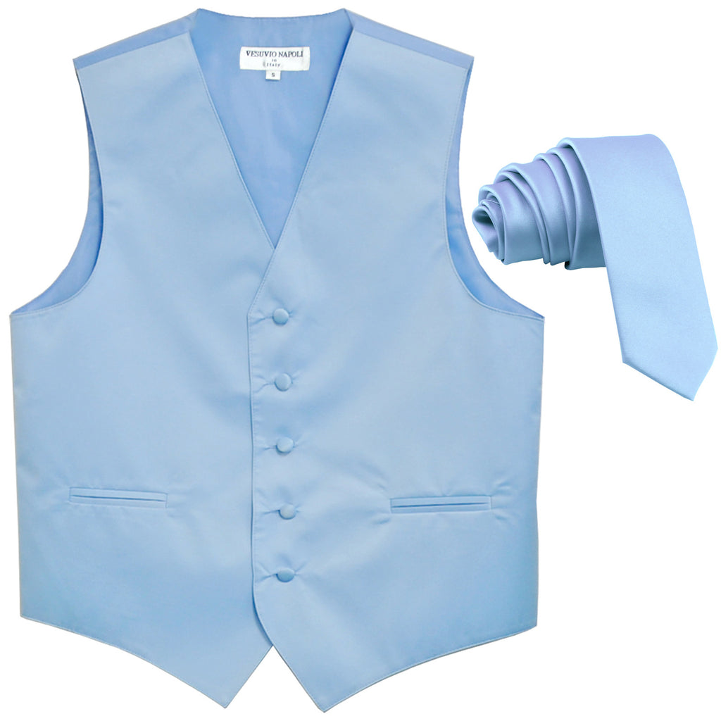 New Men's Formal Tuxedo Vest Waistcoat_2.5" skinny Necktie solid wedding light blue