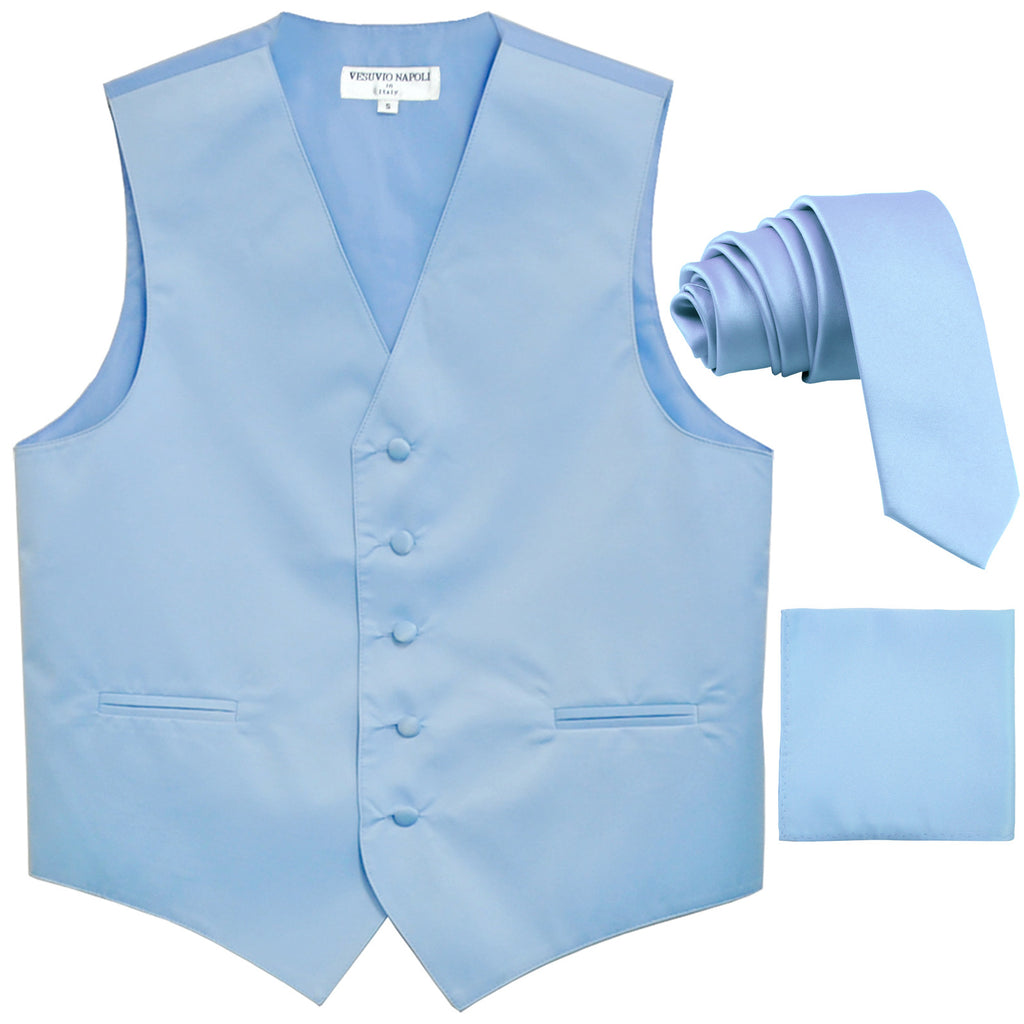 New Men's formal vest Tuxedo Waistcoat_2.5" necktie & hankie wedding light blue