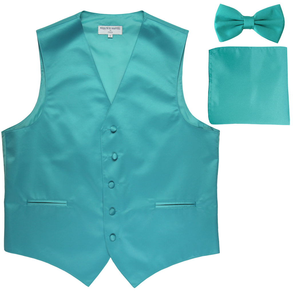 New Men's formal vest Tuxedo Waistcoat_bowtie & hankie set wedding prom aqua blue