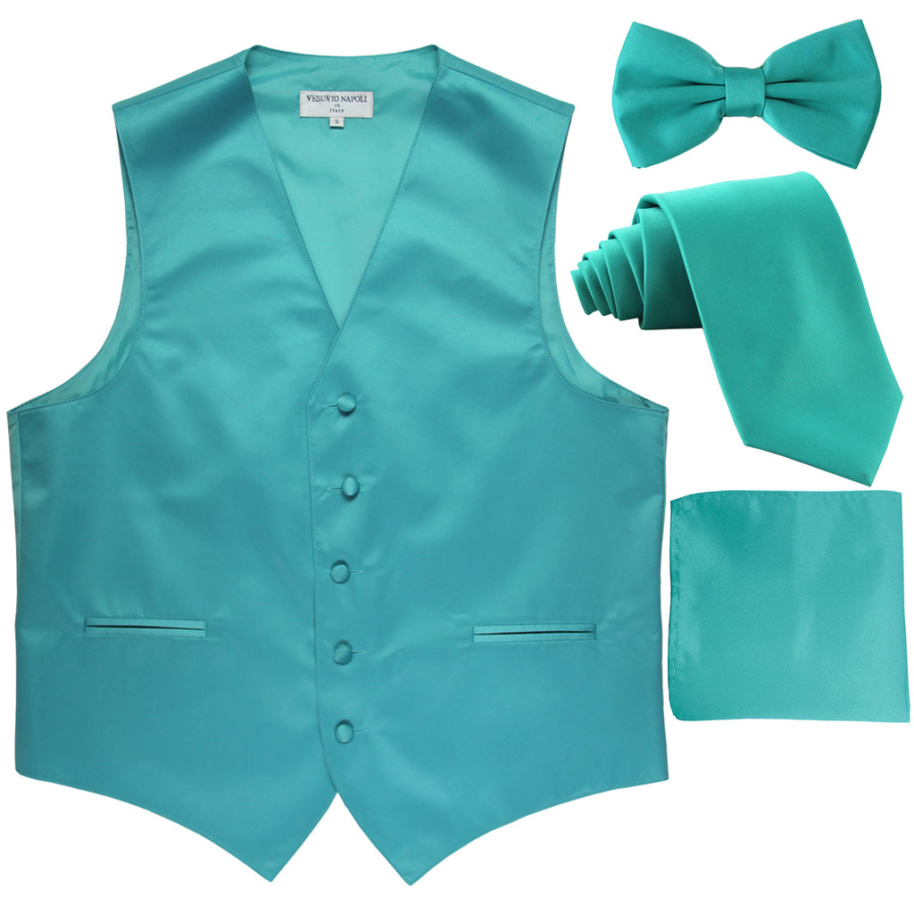 New Men's solid Tuxedo Vest Waistcoat & necktie & Bow tie & Hankie prom aqua blue